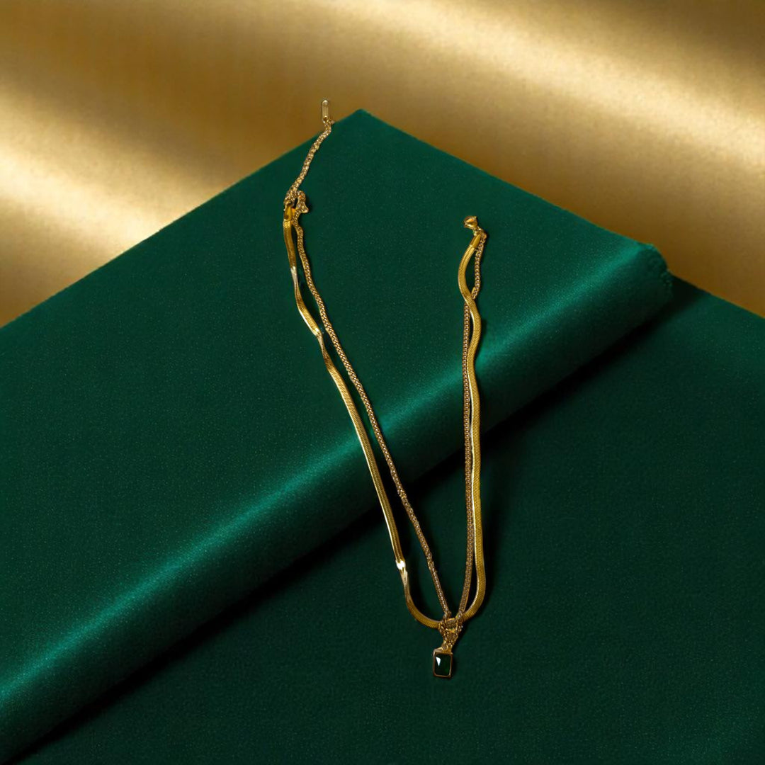 Tela Naari Givika Anti tarnish Emerald Layered Pendant Chain - TelaNaari