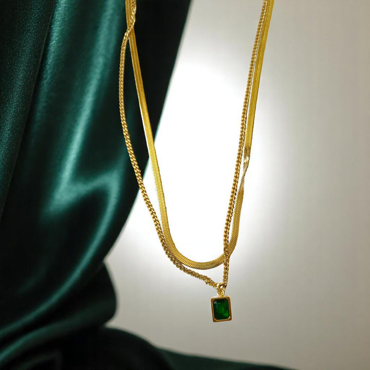 Tela Naari Givika Anti tarnish Emerald Layered Pendant Chain - TelaNaari