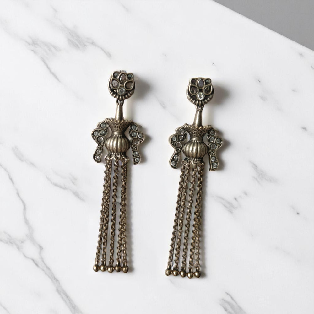 Tela Naari Baani Silver Oxidised Tribal Doll Chains Earrings - TelaNaari