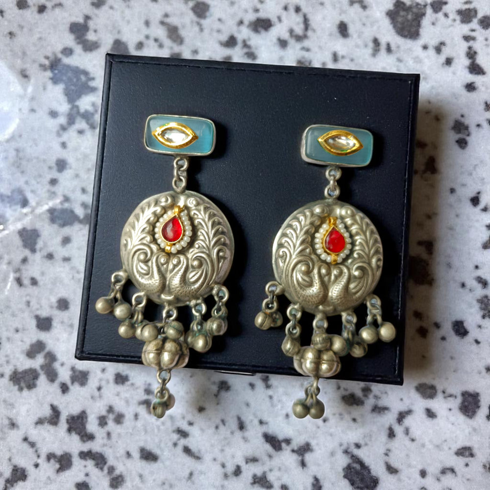 Tela Naari Charvi Silver Oxidised Peacock Charm Drops - TelaNaari