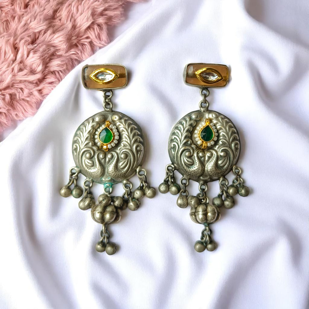 Tela Naari Charvi Silver Oxidised Peacock Charm Drops - TelaNaari