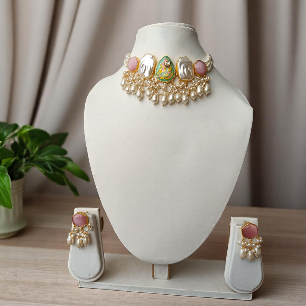 Tela Naari Blush Pink Gold-Plated Necklace Set - TelaNaari