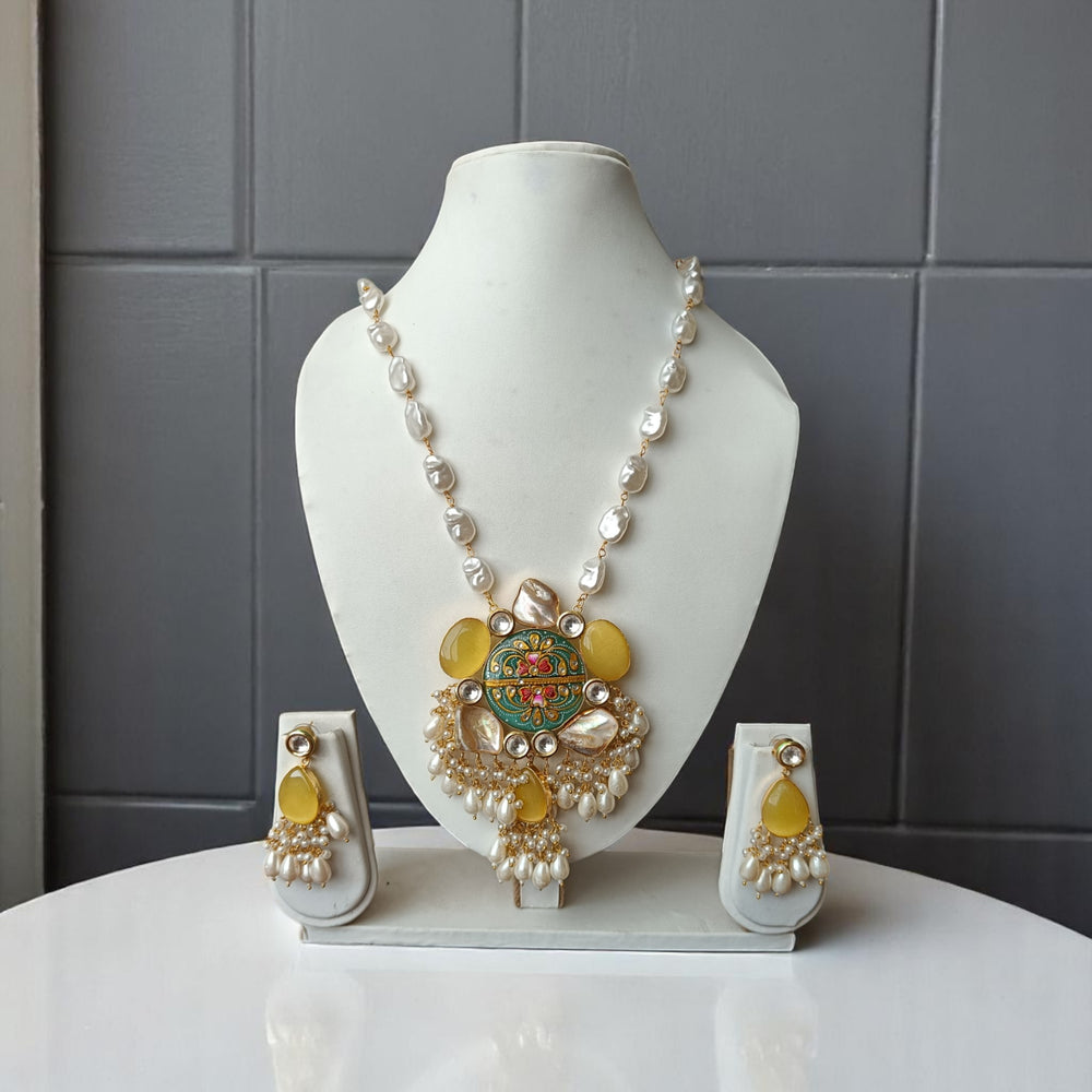 Tela Naari Gold-Plated Mustard Meenakari Pearl Necklace Set - TelaNaari