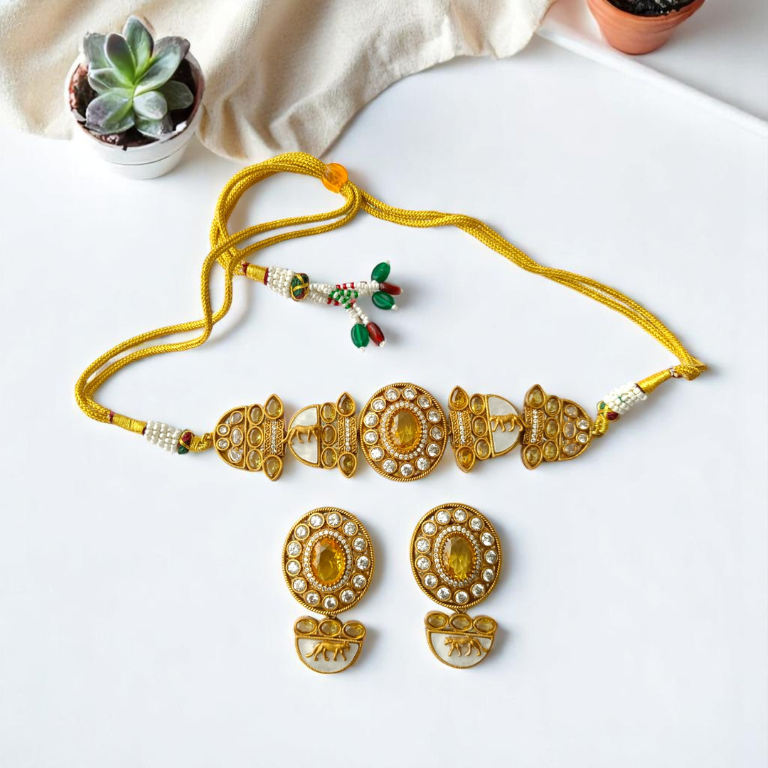 Tela Naari Citrine Glow Yellow Gold-Plated Choker Necklace Set - TelaNaari