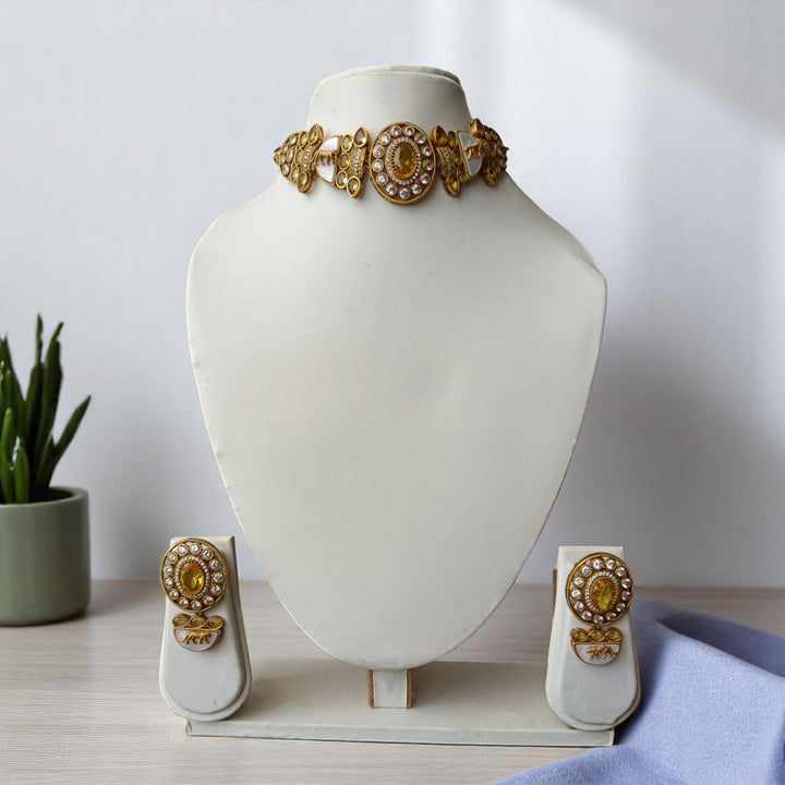 Tela Naari Citrine Glow Yellow Gold-Plated Choker Necklace Set - TelaNaari