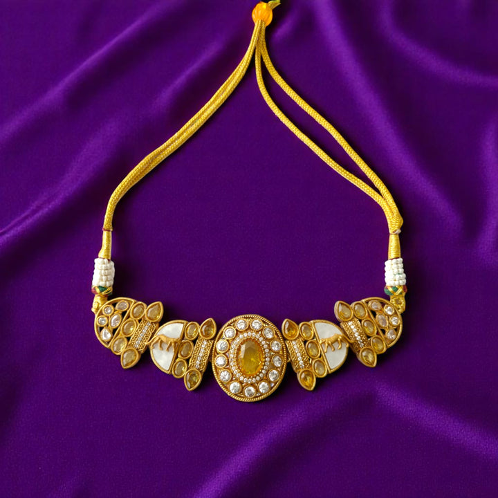 Tela Naari Citrine Glow Yellow Gold-Plated Choker Necklace Set - TelaNaari