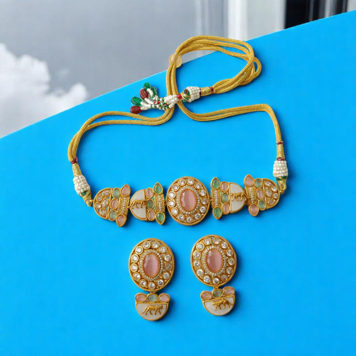 Tela Naari Blush Bloom Pink Gold-Plated Choker Necklace Set - TelaNaari