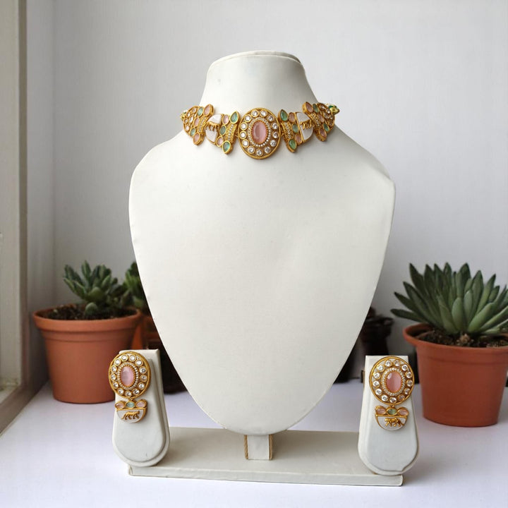 Tela Naari Blush Bloom Pink Gold-Plated Choker Necklace Set - TelaNaari