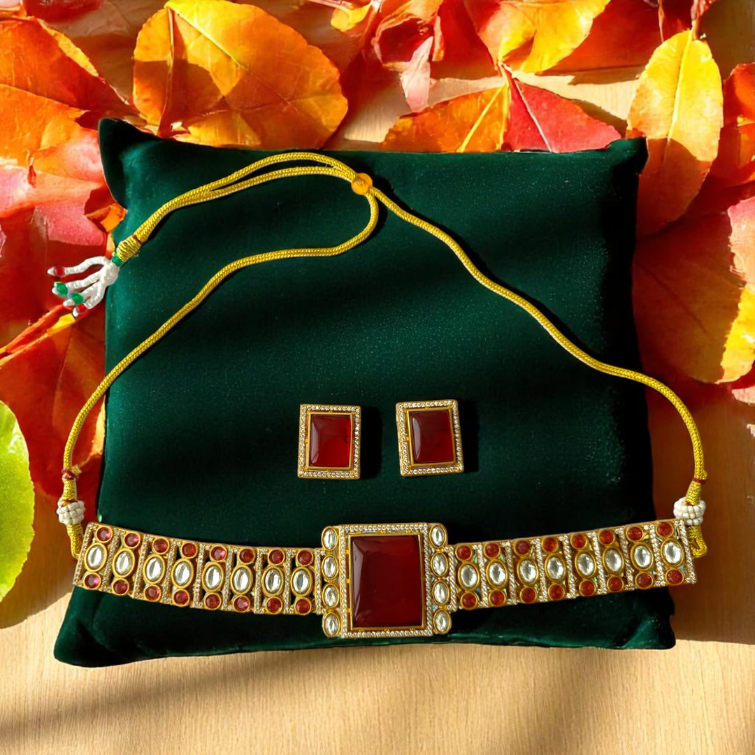 Tela Naari Regal Red Stone Gold-Plated Choker