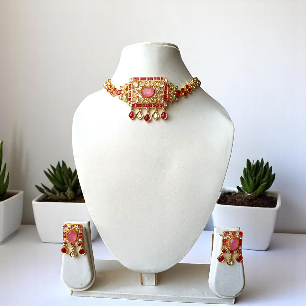 Tela Naari Festive Ruby Pink Kundan Style Necklace Set - TelaNaari