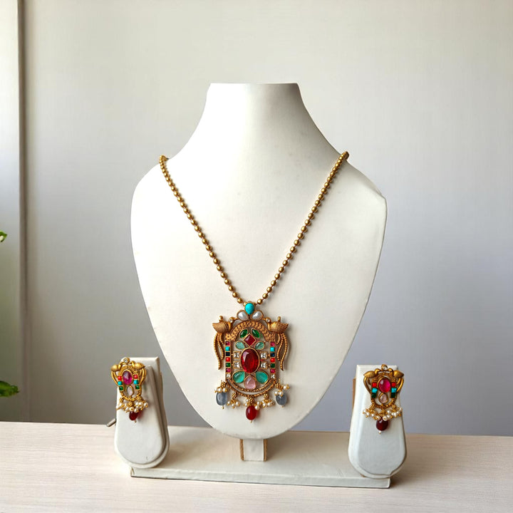 Tela Naari Multi Red Stone Gold Plated Pendant Necklace Set - TelaNaari