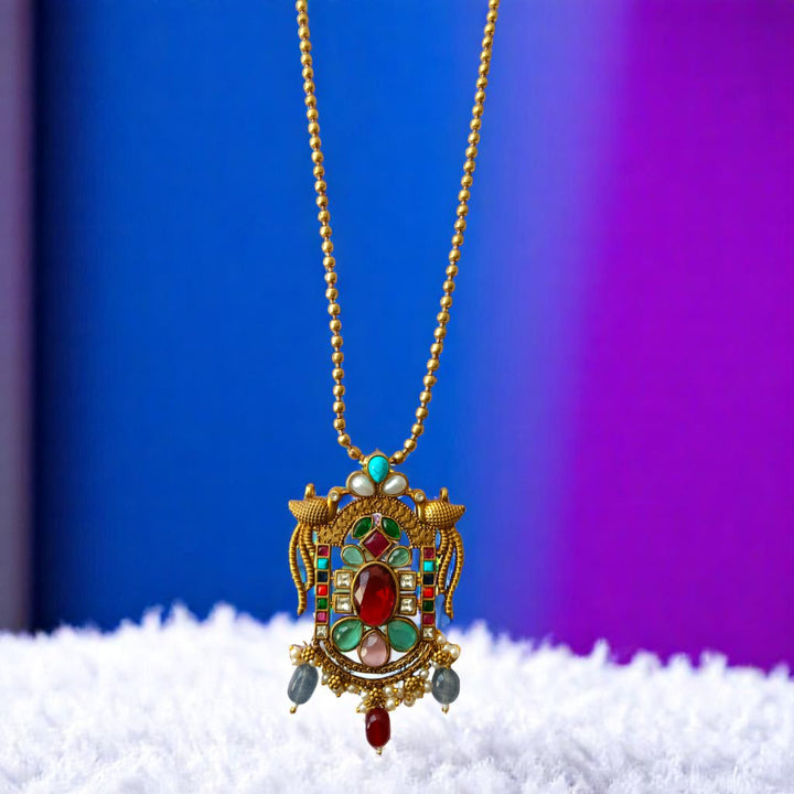 Tela Naari Multi Red Stone Gold Plated Pendant Necklace Set - TelaNaari