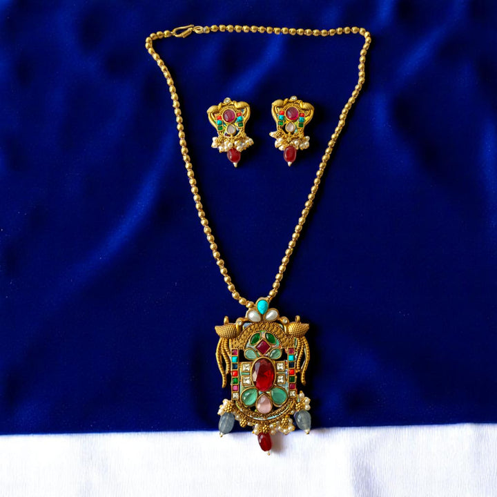 Tela Naari Multi Red Stone Gold Plated Pendant Necklace Set - TelaNaari
