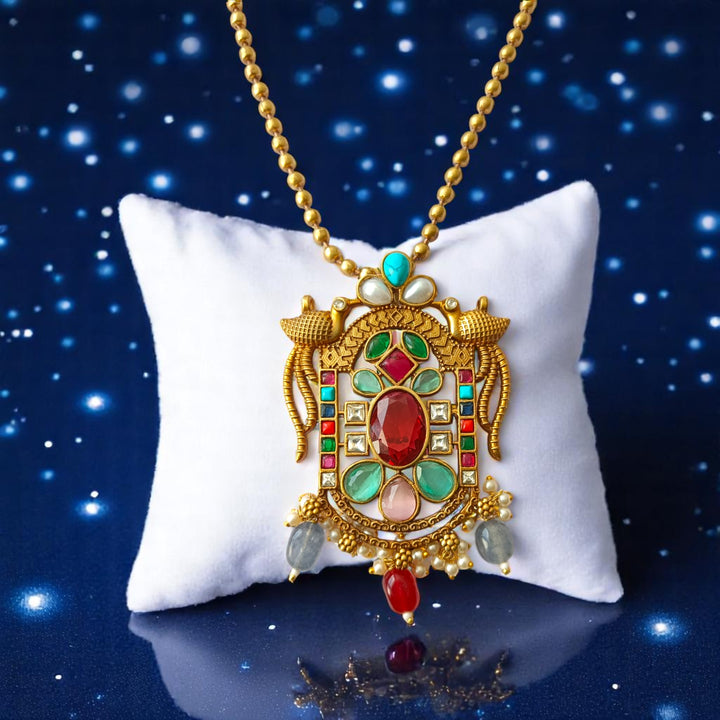 Tela Naari Multi Red Stone Gold Plated Pendant Necklace Set - TelaNaari