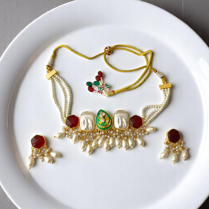 Tela Naari Grace Red Gold-Plated Choker Necklace Set - TelaNaari