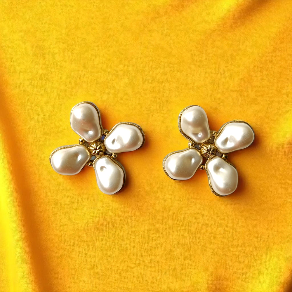 Tela Naari Golden Pearl Blossom Studs - TelaNaari