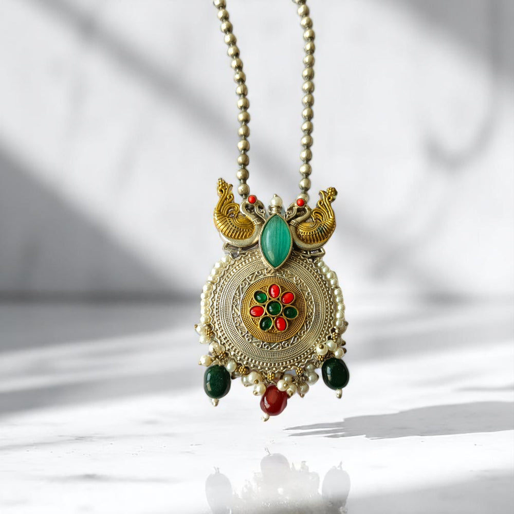 Tela Naari Green Drop Dual Peacock Motif Brass Necklace Set - TelaNaari