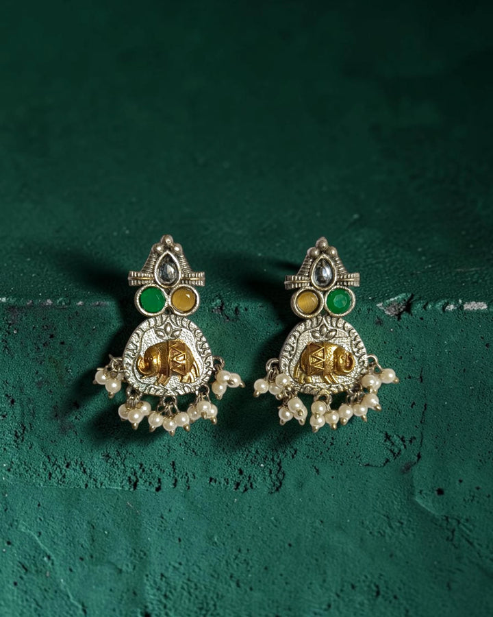 Dual Tone Silver-Plated Elephant Motif Earrings