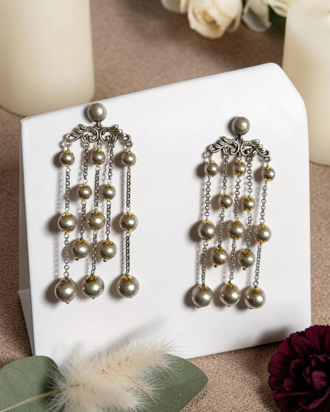 Dual Tone Laxe Multi-Tier Chandelier Beads Earrings