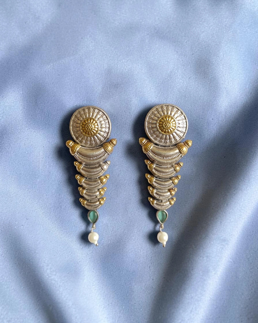 Dual-Tone Tiered Sea Green Tribal Statement Earrings