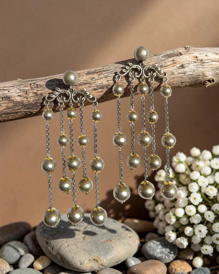 Dual Tone Laxe Multi-Tier Chandelier Beads Earrings