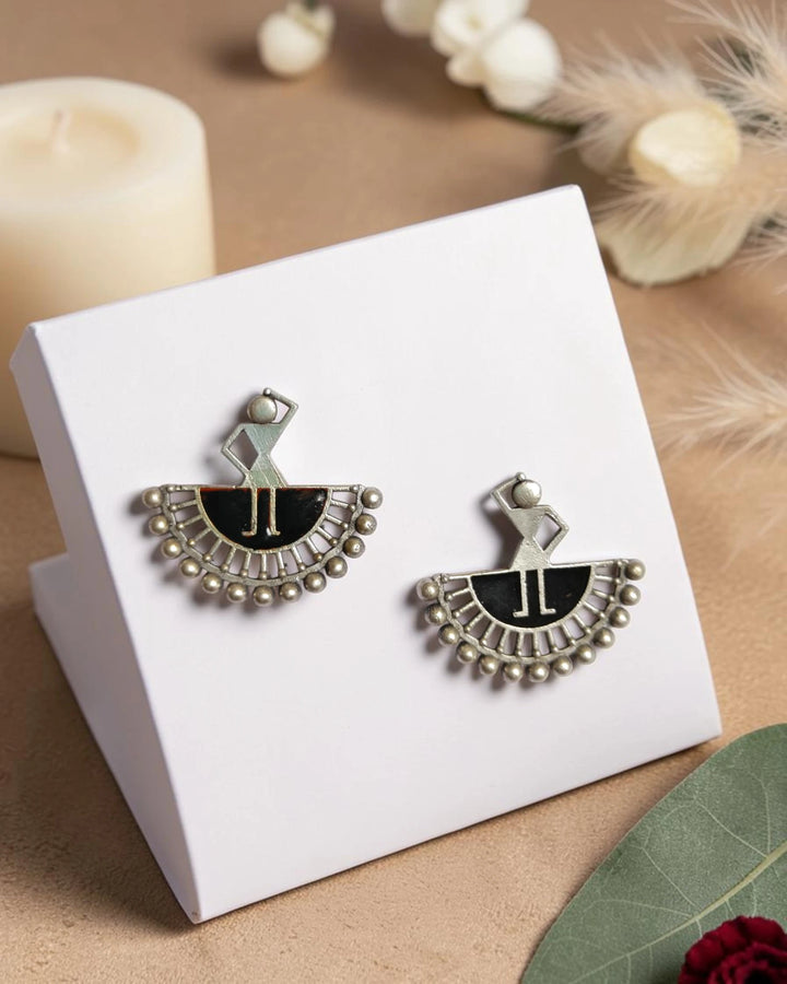 Silver-Plated Warli Art Inspired Tribal Stud Earrings