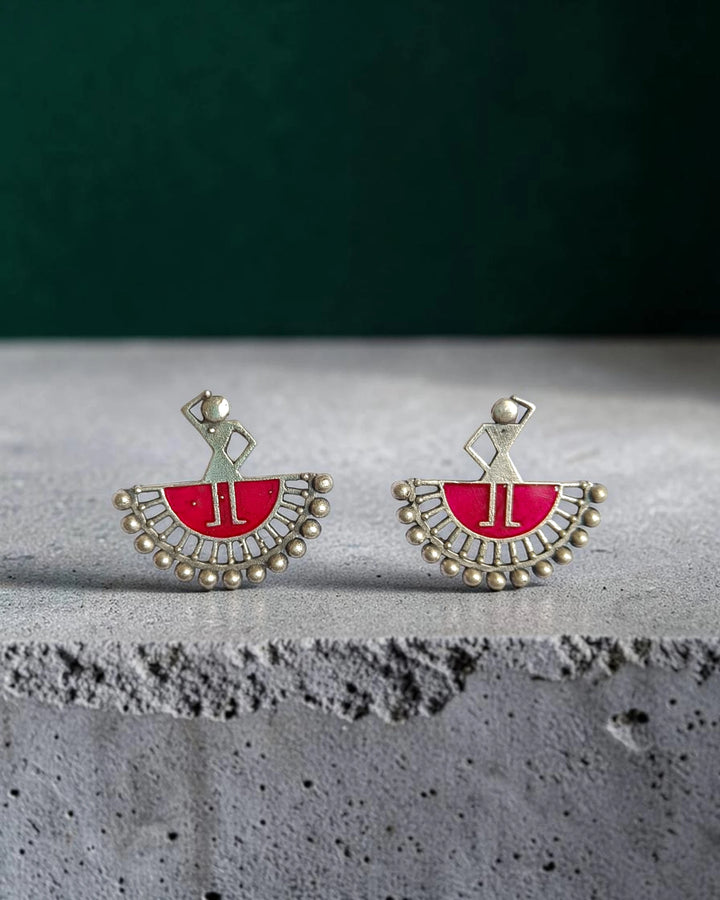 Silver-Plated Warli Art Inspired Tribal Stud Earrings