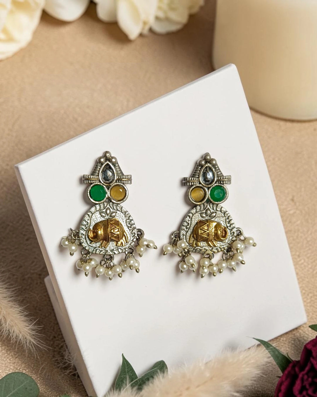 Dual Tone Silver-Plated Elephant Motif Earrings