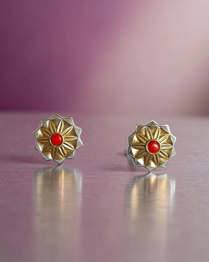 Dual Tone Red Geometric Flower Stud Earrings