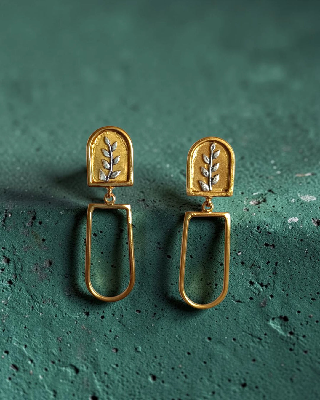 Gold-Plated Arched Leaf Motif Drop Earrings