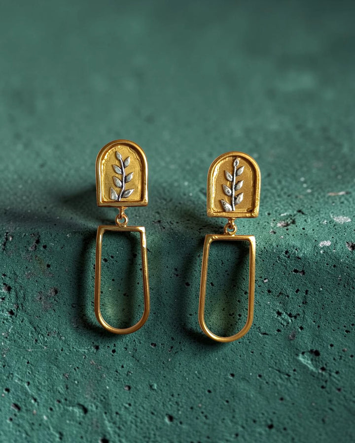 Gold-Plated Arched Leaf Motif Drop Earrings