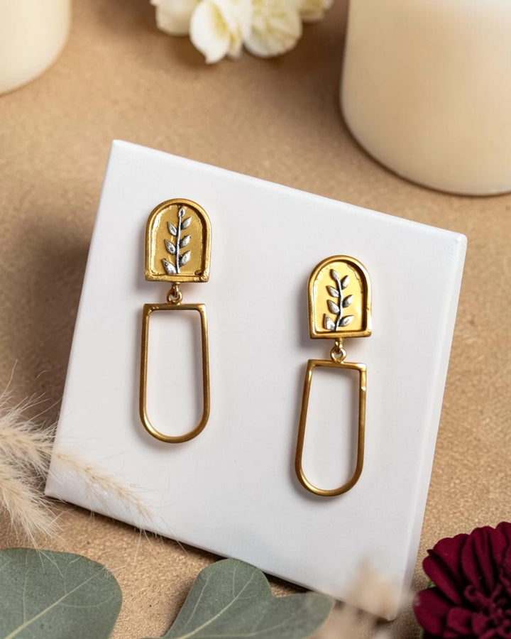Gold-Plated Arched Leaf Motif Drop Earrings
