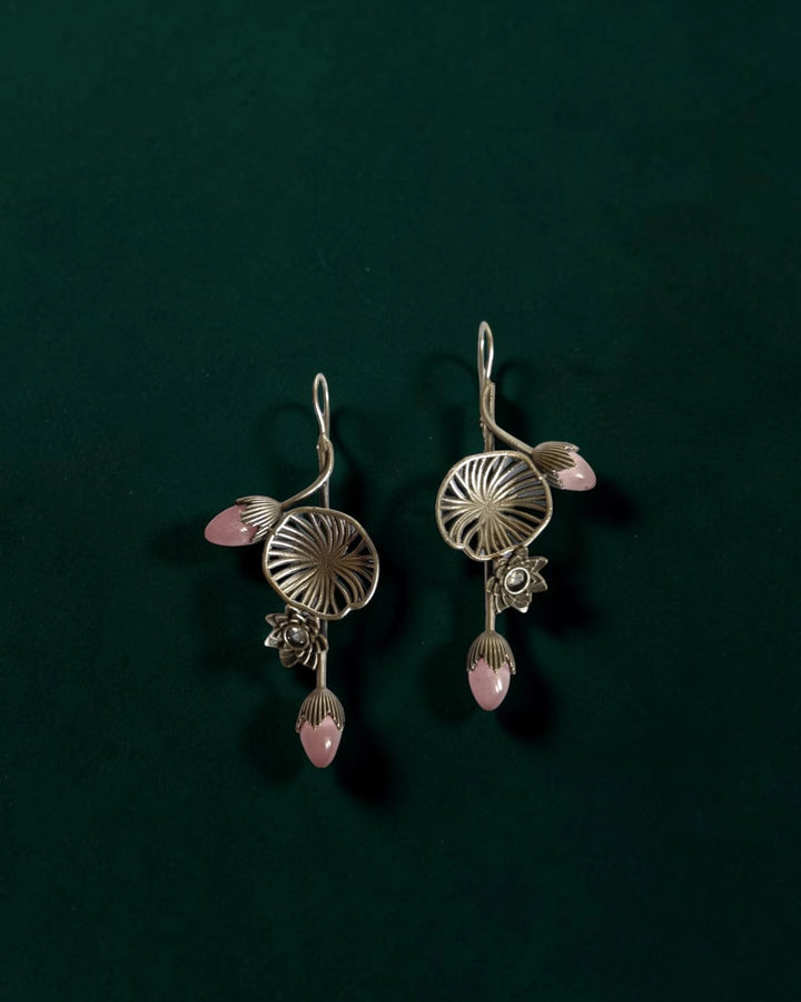Lotus Tara Bud &amp; Leaf Pink Hook Earrings