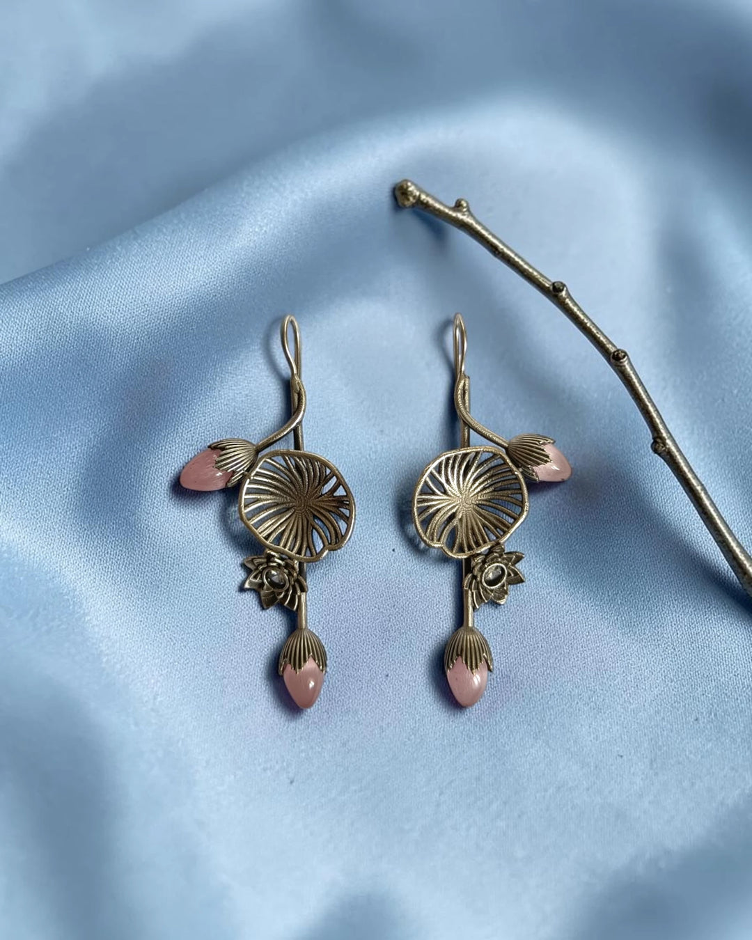 Lotus Tara Bud &amp; Leaf Pink Hook Earrings