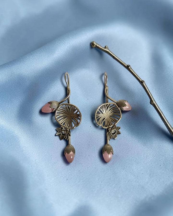 Lotus Tara Bud &amp; Leaf Pink Hook Earrings