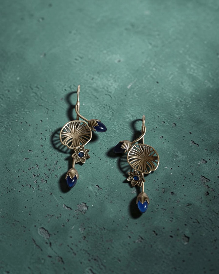 Lotus Tara Bud & Leaf Blue Hook Earrings