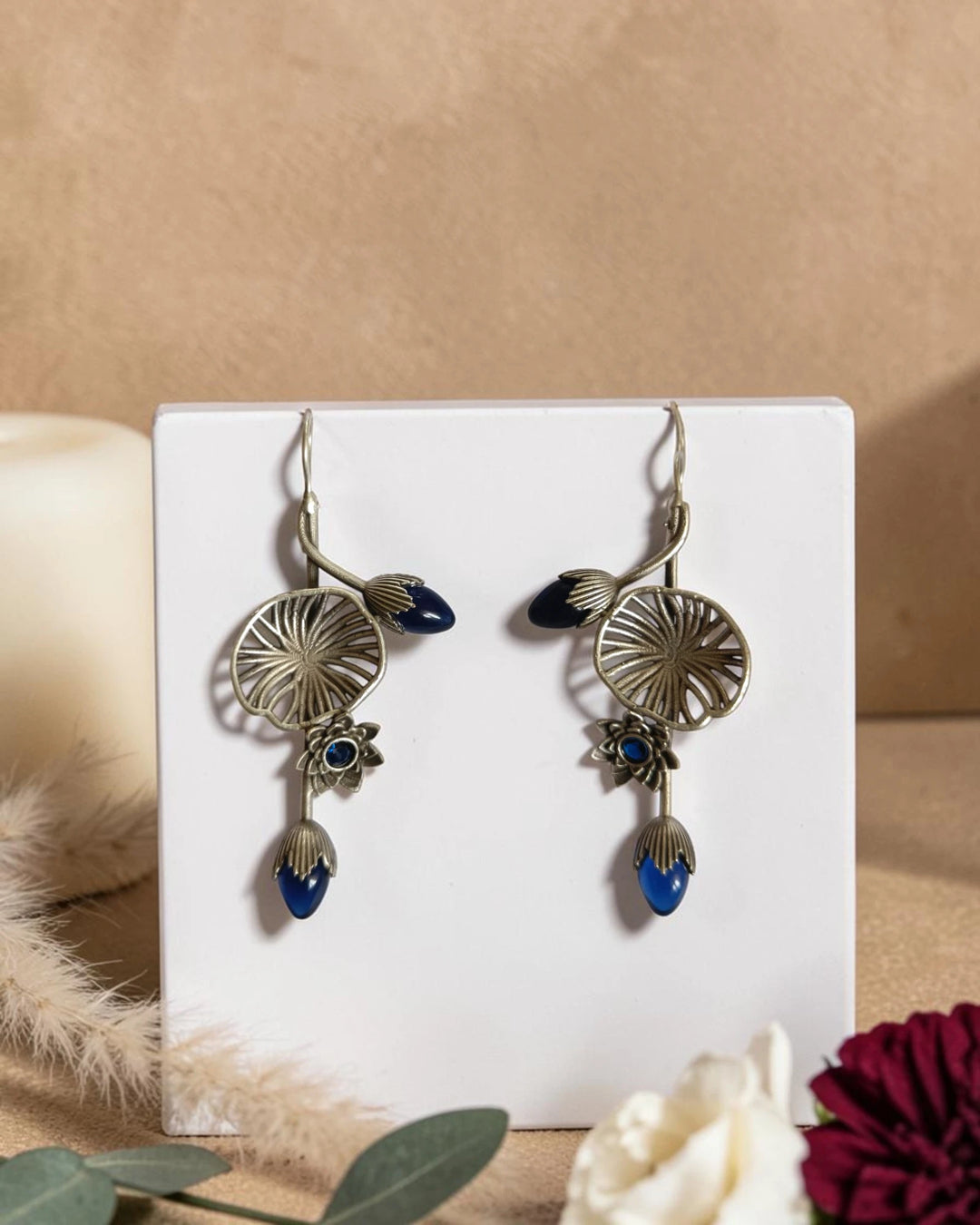Lotus Tara Bud & Leaf Blue Hook Earrings