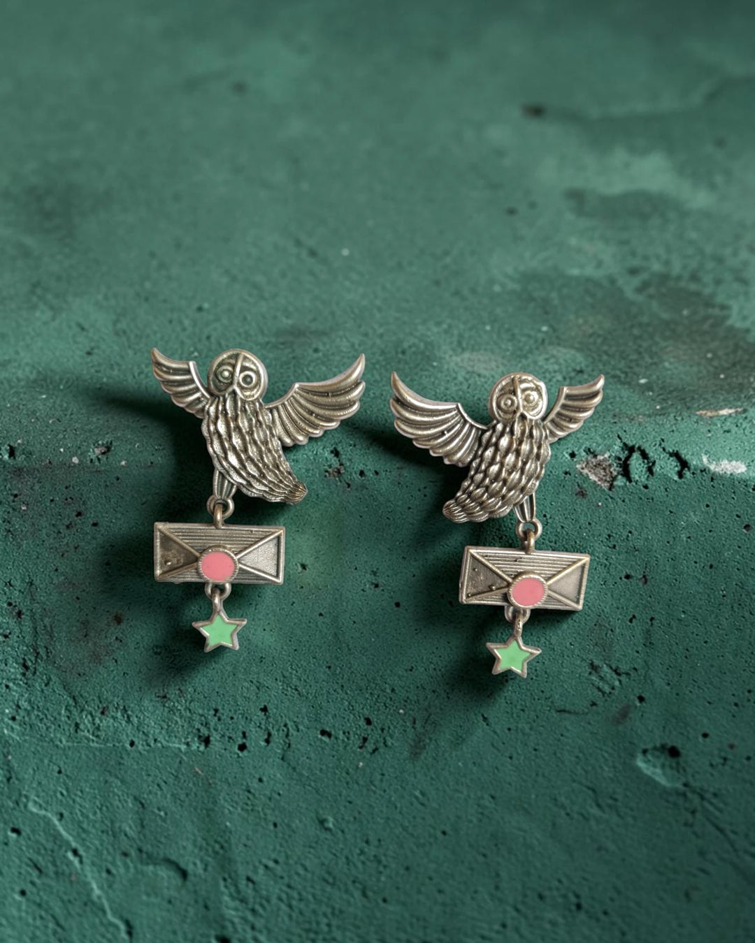 Oxidized Silver Sea Green Mayaan Messenger Owl Earrings