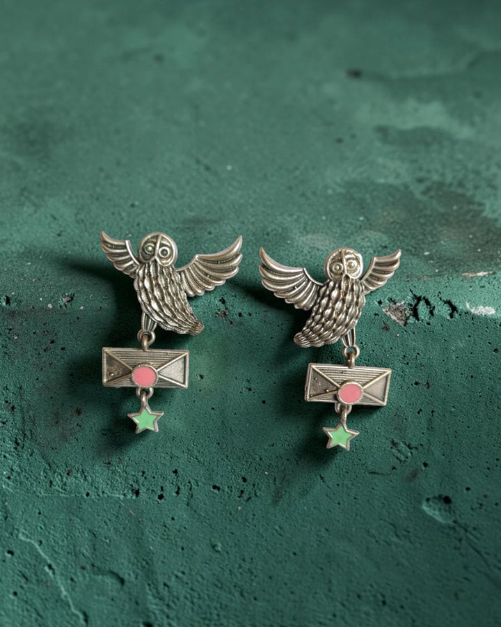 Oxidized Silver Sea Green Mayaan Messenger Owl Earrings