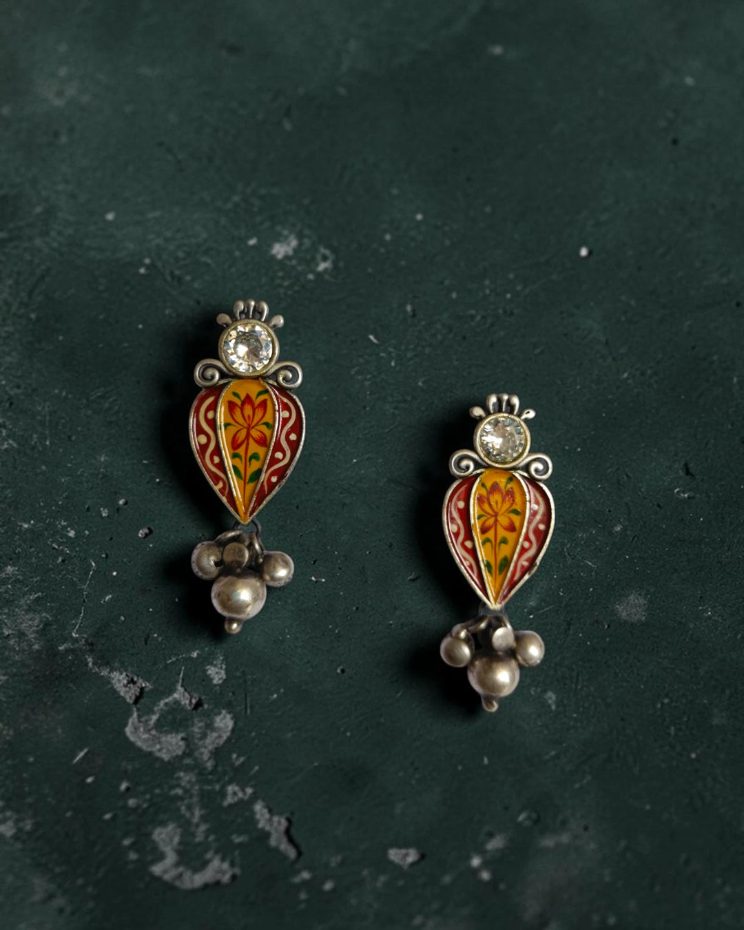 Hand-Painted Red Meenakari Style Silver-Plated  Earrings