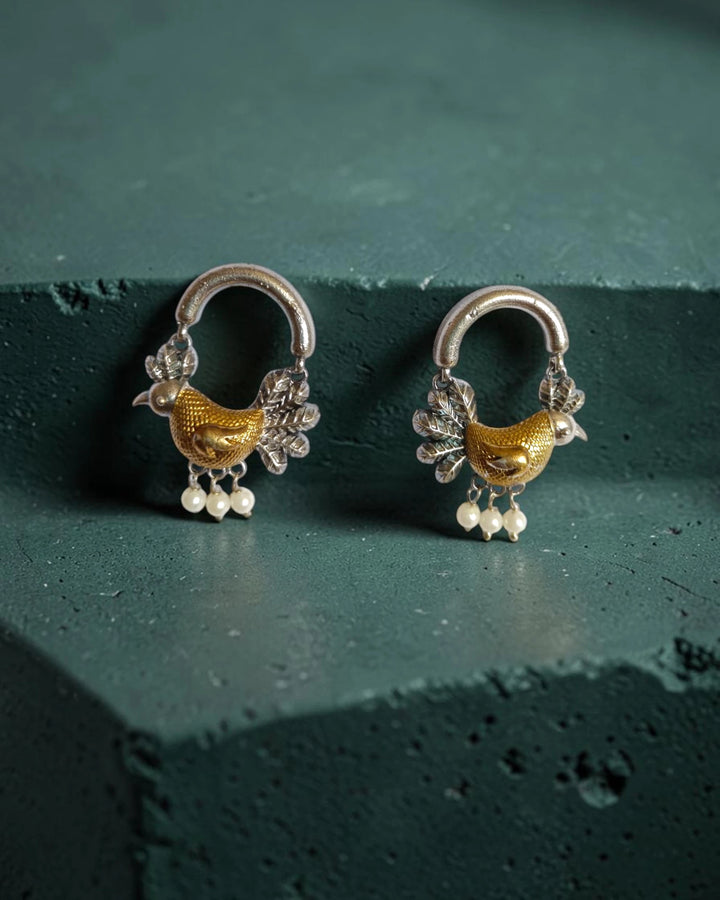 Dual-Tone Sheva Golden Bird Dangle Earrings