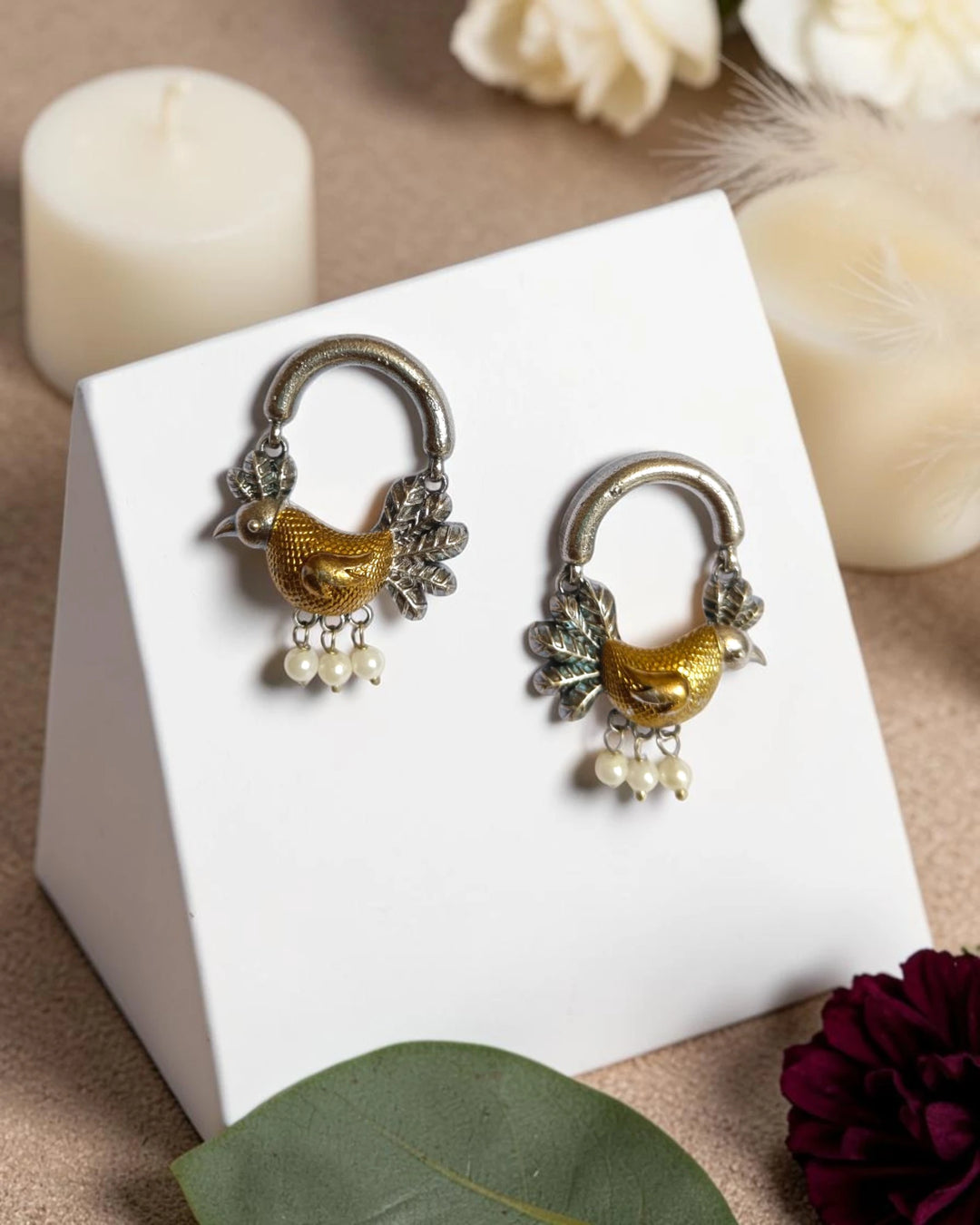 Dual-Tone Sheva Golden Bird Dangle Earrings