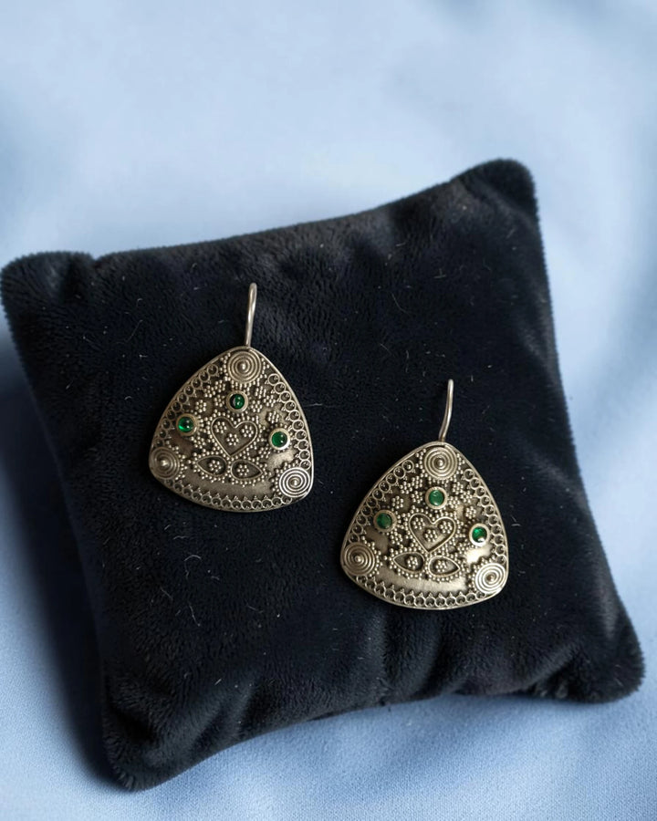 Silver Oxidized Green Rigi Triangular Earrings