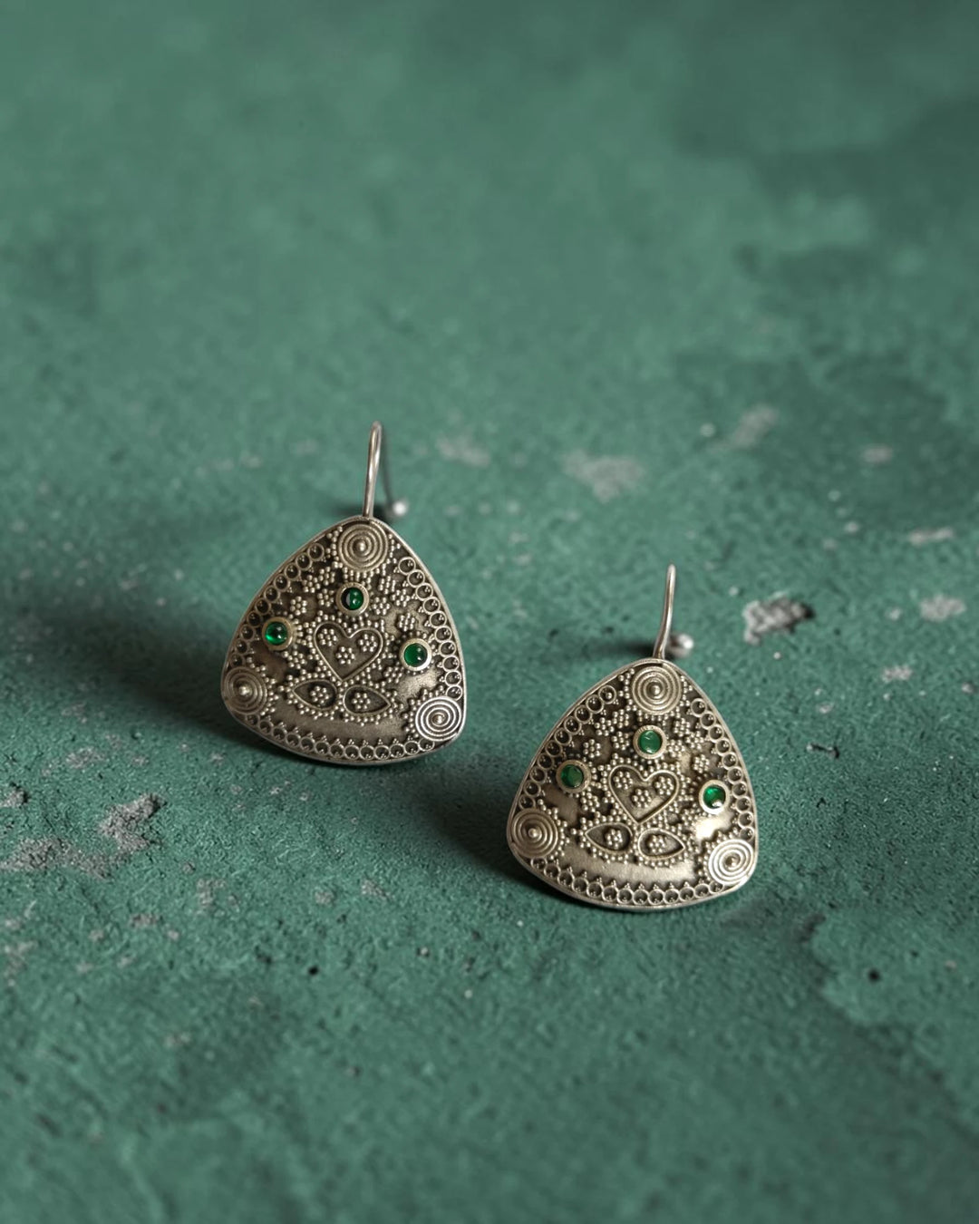 Silver Oxidized Green Rigi Triangular Earrings