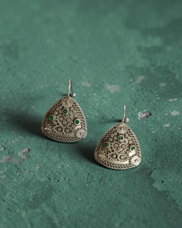 Silver Oxidized Green Rigi Triangular Earrings