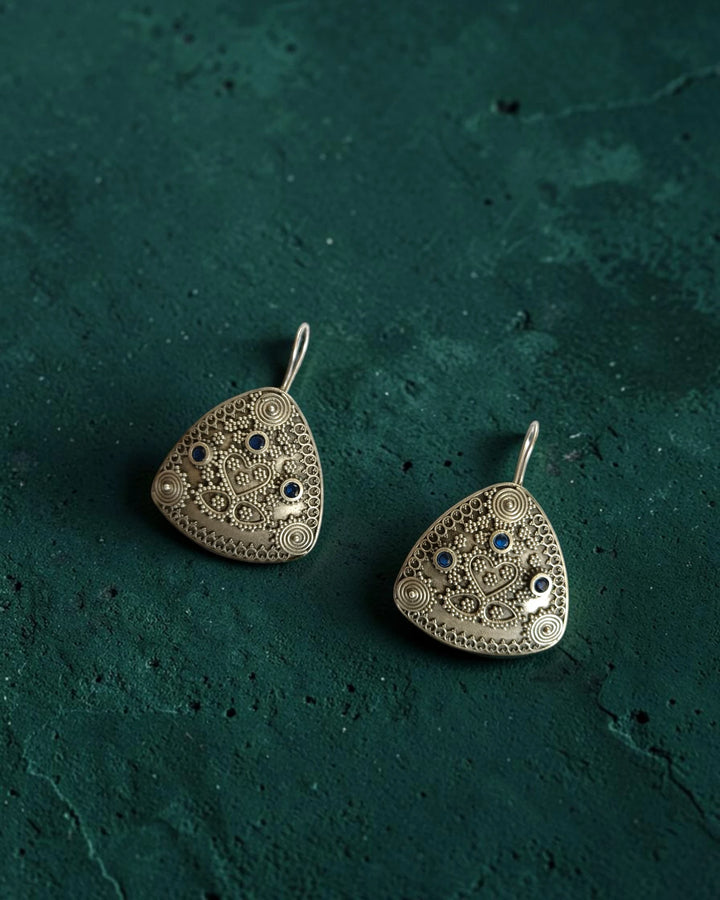 Silver Oxidized Blue Rigi Triangular Earrings