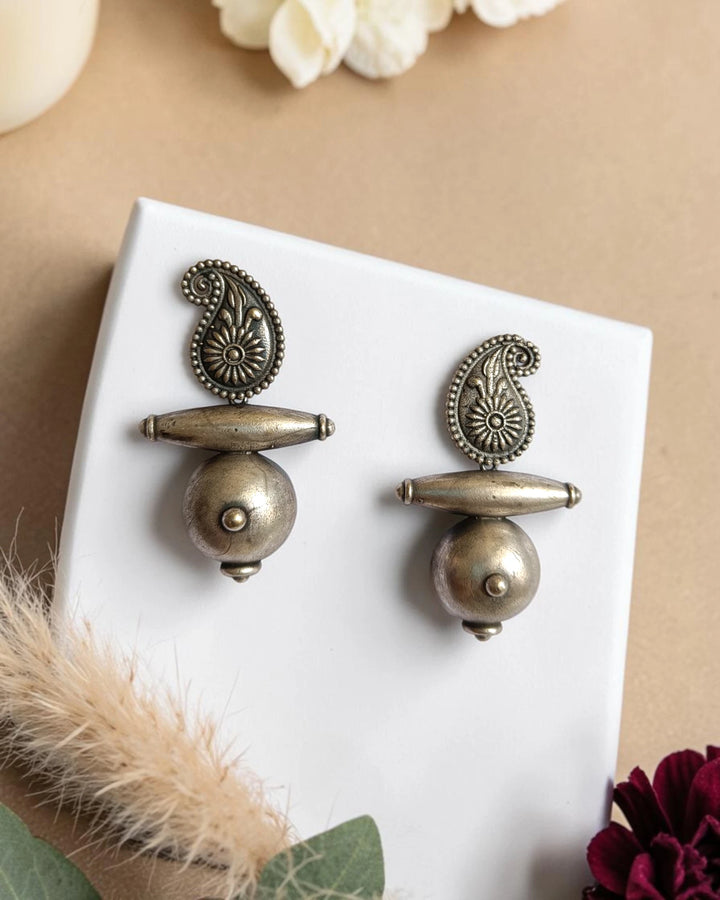Antique Silver Oxidized  Kalka Motif Earrings