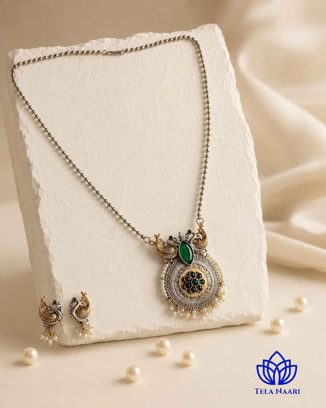 Dual Tone Bird Motif Green Stone Necklace Set