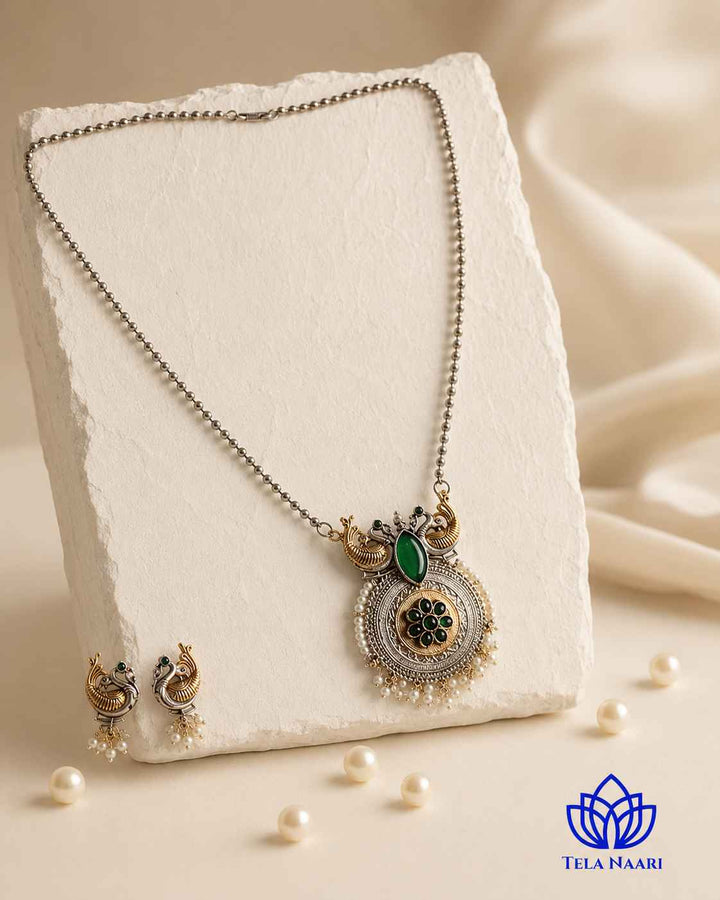 Dual Tone Bird Motif Green Stone Necklace Set