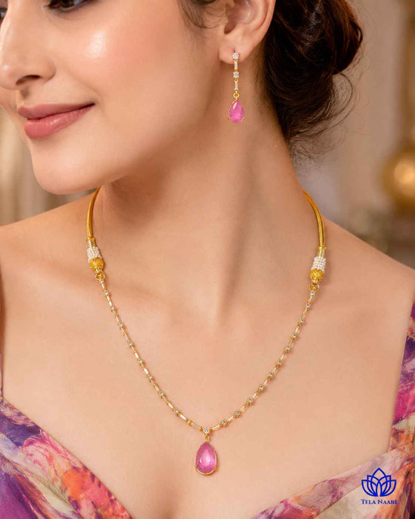 Y-Shape Ahana Pink Stone Necklace Set